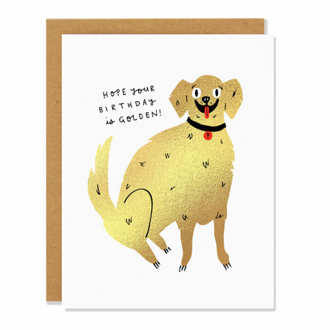 card with gold foil dog and says "hope your birthday is golden."