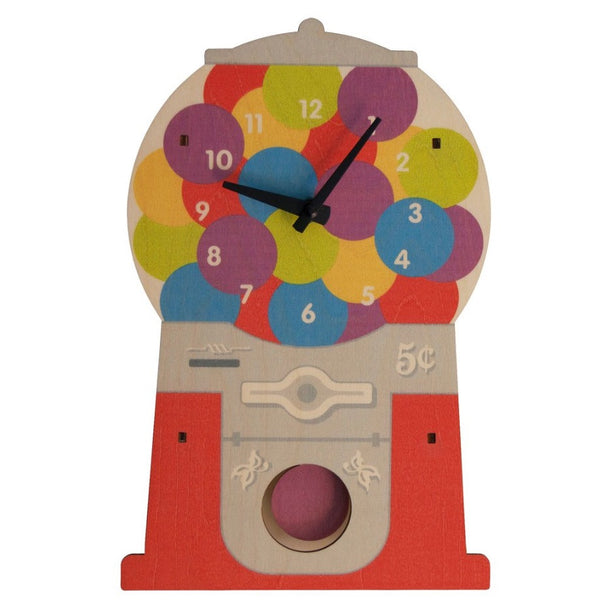 wooden gumball machine clock with purple gumball pendulum