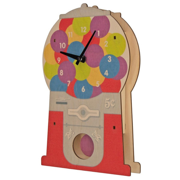 side view of wooden gumball machine clock with purple gumball pendulum