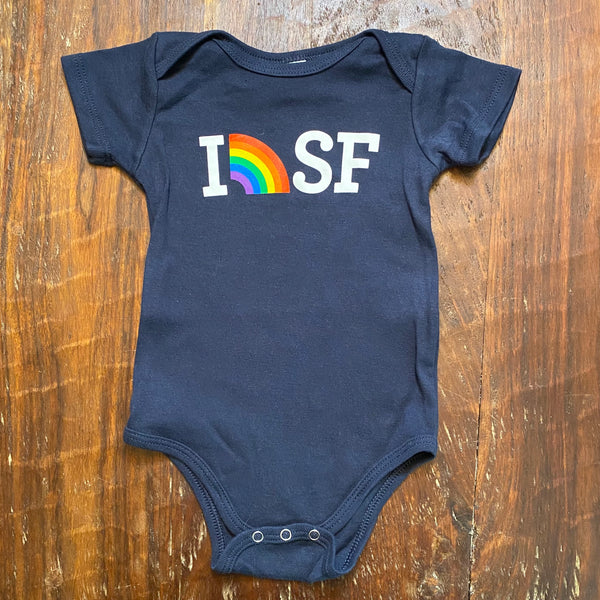 dark blue colored onesie with I (picture of a rainbow) SF written across the top
