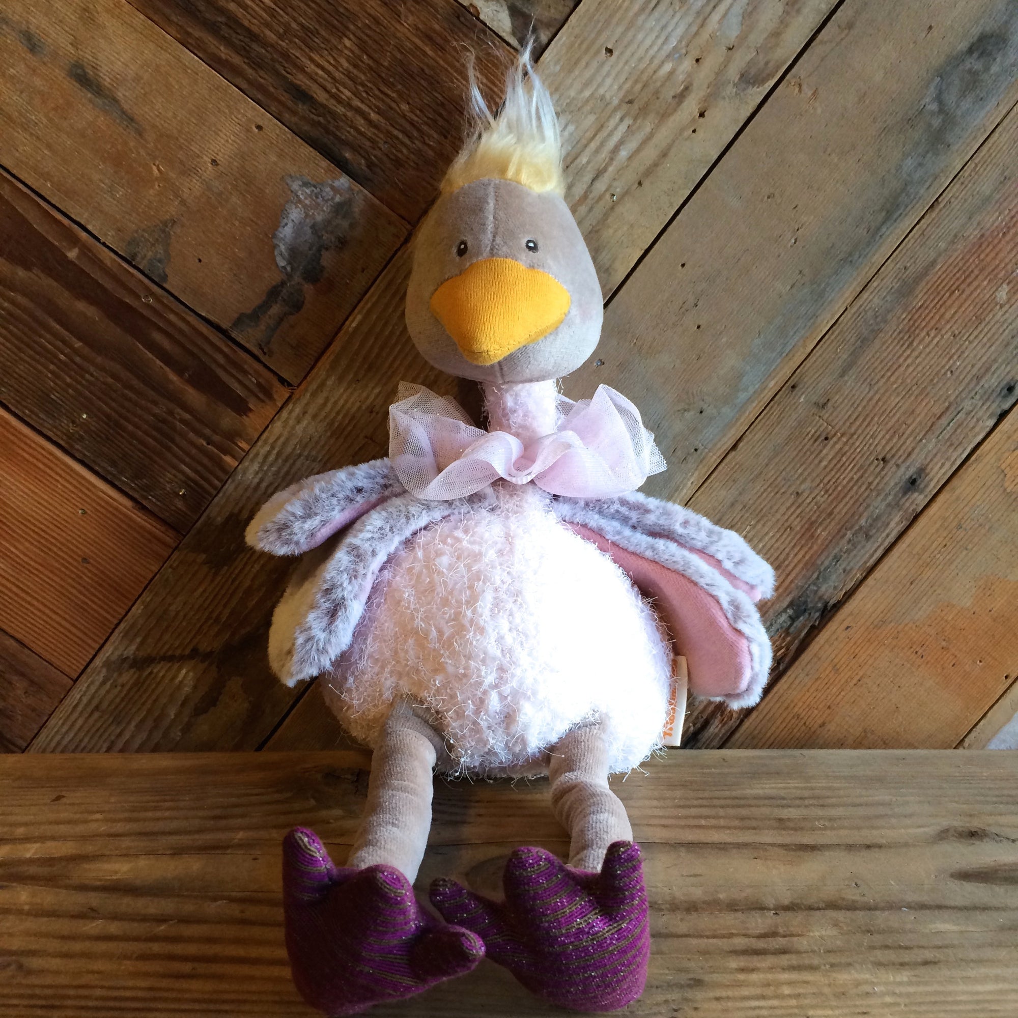 pink ostrich doll with yellow fluffy hair 