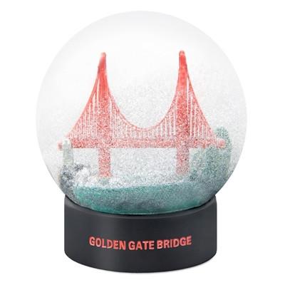 view when glitter settles inside golden gate bridge fog globe