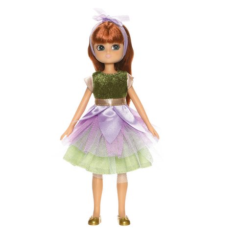 doll with red/brown hair and green and purple dress 