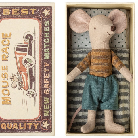 big brother linen mouse with brown striped shirt and blue shorts inside box bed that has blue striped blanket and blue dotted pillow