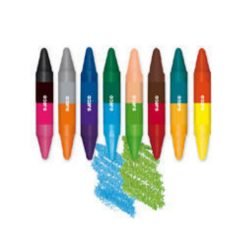 eight double sided crayons in different colors with blue and green scribbles on page