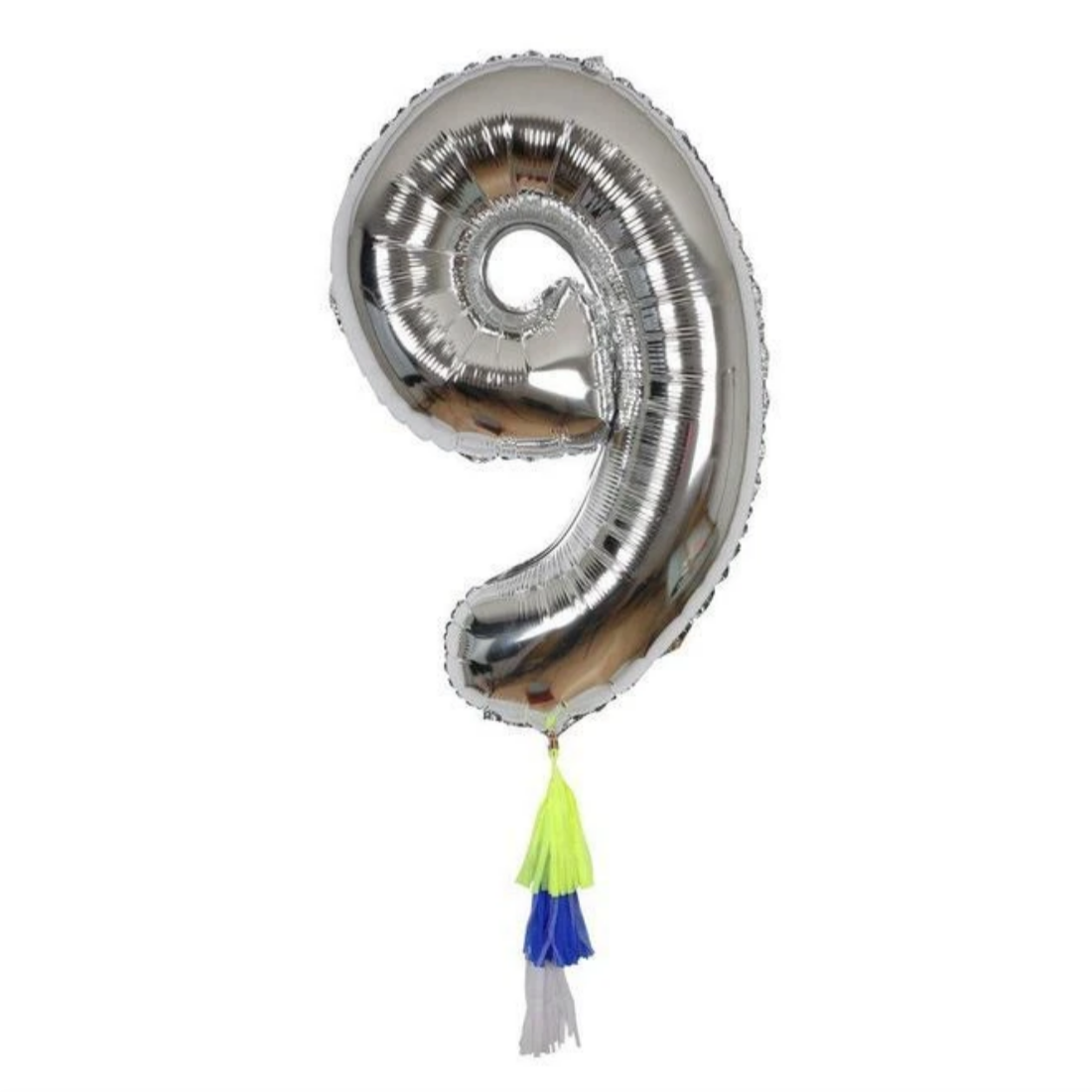 silver balloon in the shape of a 9 with colorful tassels