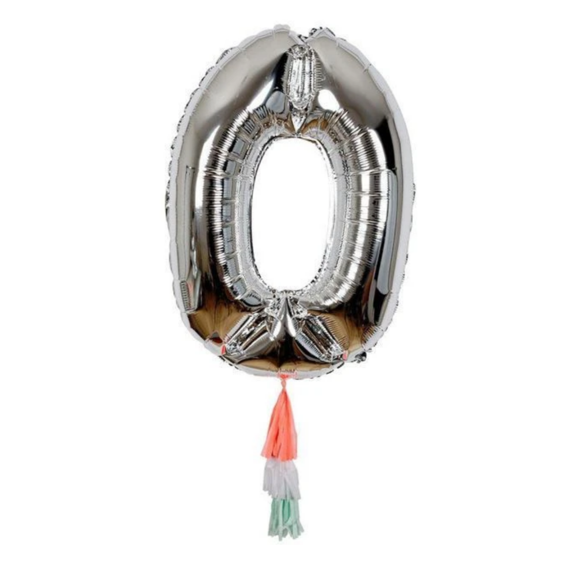 silver balloon in a 0 shape with colorful tassel at bottom