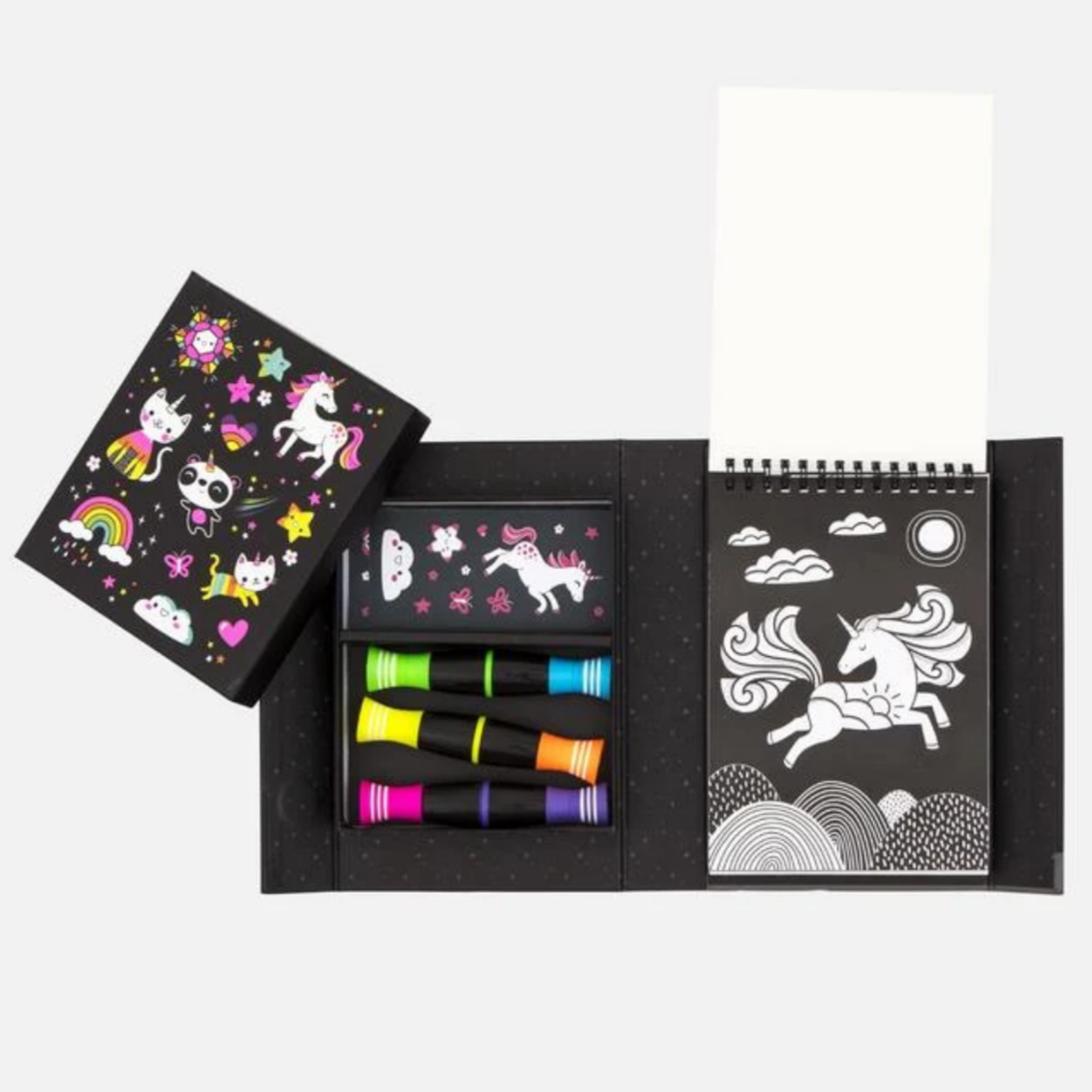 inside of box showing markers stickers and coloring pages