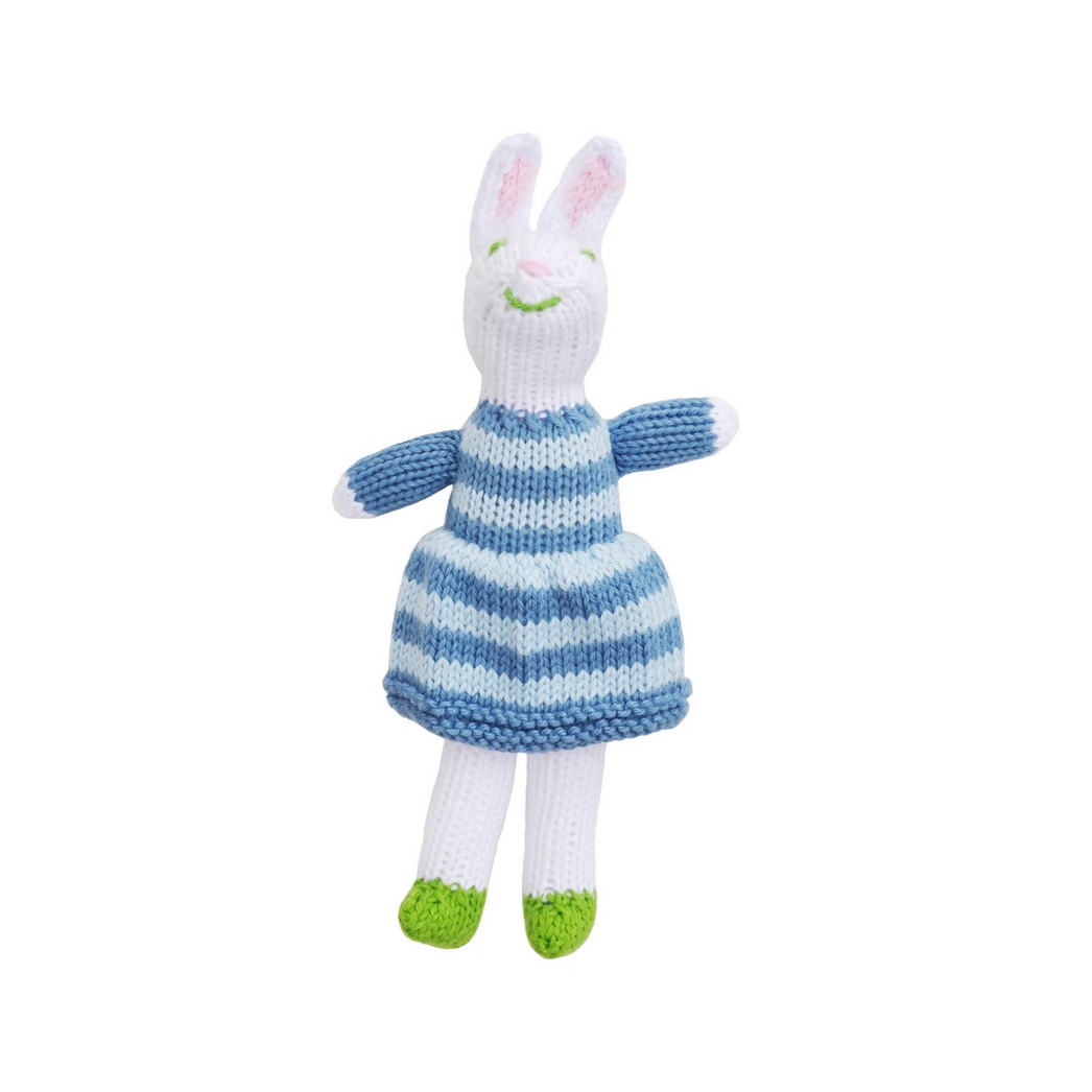 white bunny with blue striped dress and green shoes