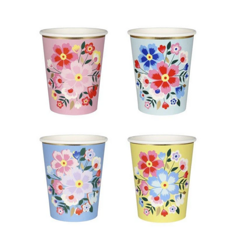 colored cups with flowers