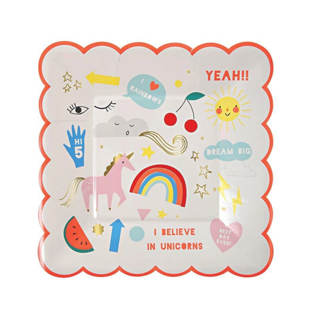 scalloped paper plates with text and images of unicorns and icons