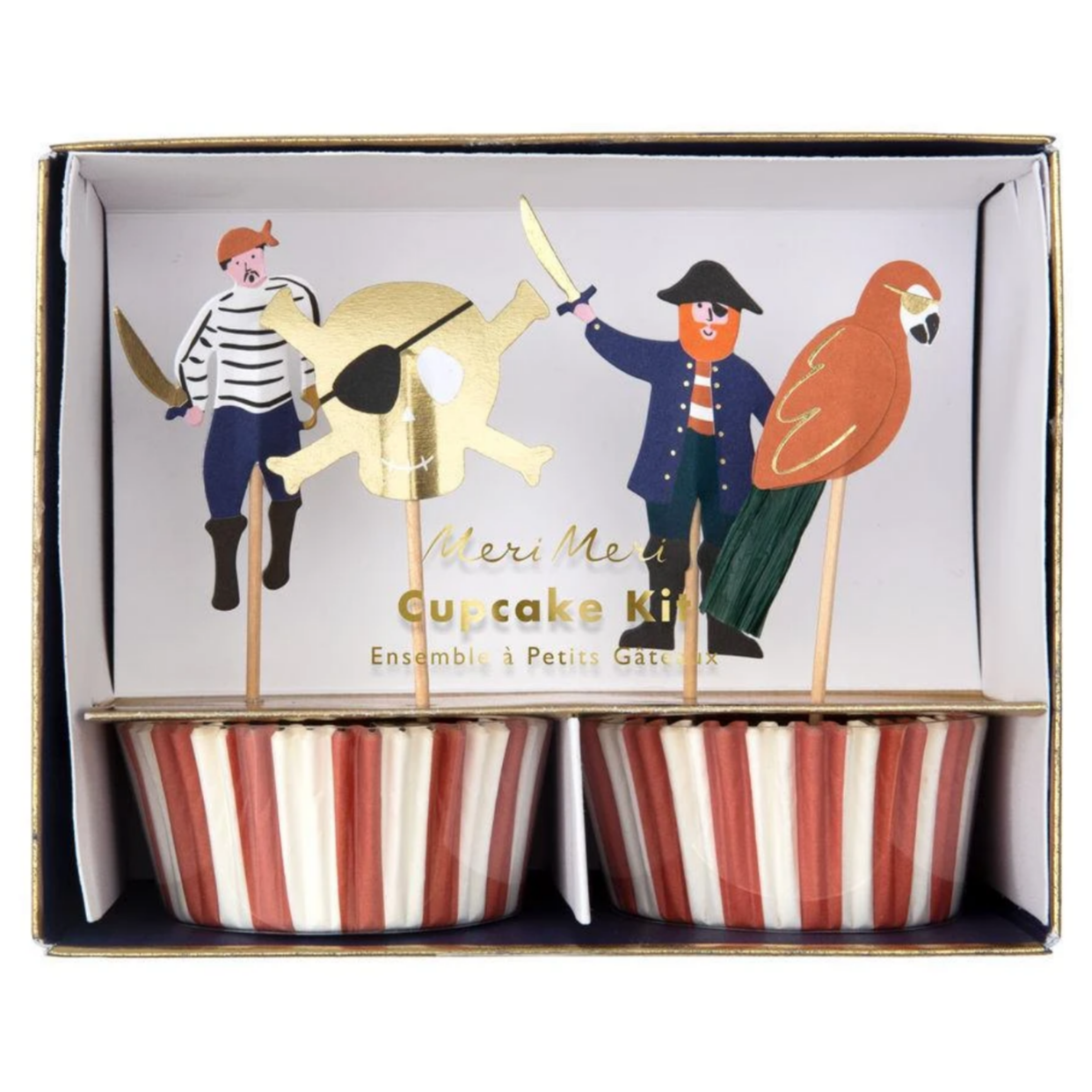 box with striped cupcake wrappers and pirate themed toppersred and white striped cupcake cups with pirate, parrot and golden skull and crossbone picks