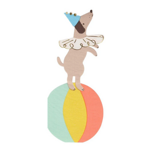 illustration of a dog wearing circus outfit balancing on a colorful ball