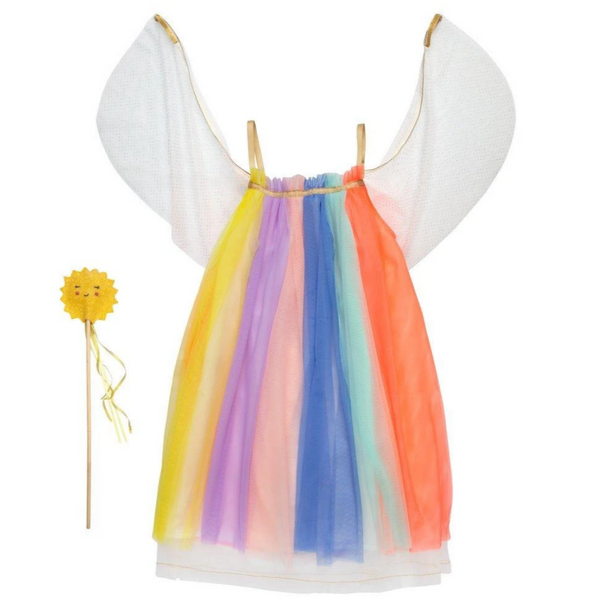 dress with tulle rainbow stripes with golden straps, white wings and a wooden wand with a sun top
