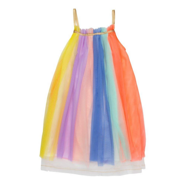 dress with tulle rainbow stripes with golden straps