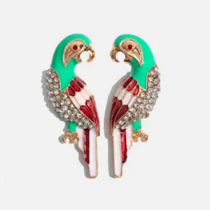 green silver and red parrot earrings