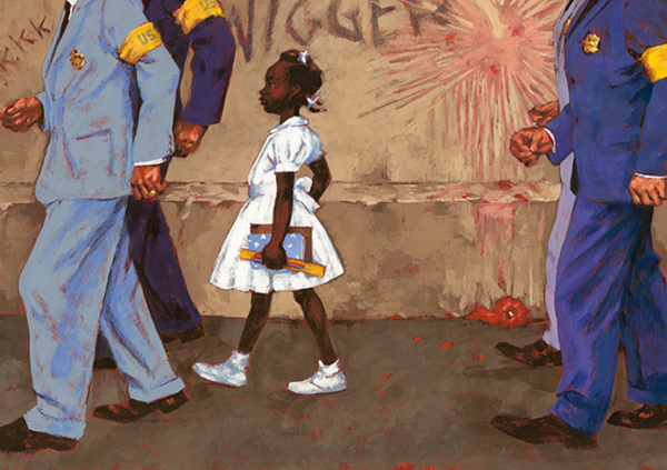 picture of little black girl in white dress walking with men in uniform in front of wall strewn with tomatoes and racist word