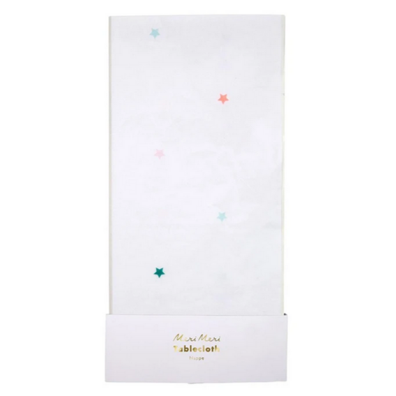 white tablecloth with tiny colored stars in packaging