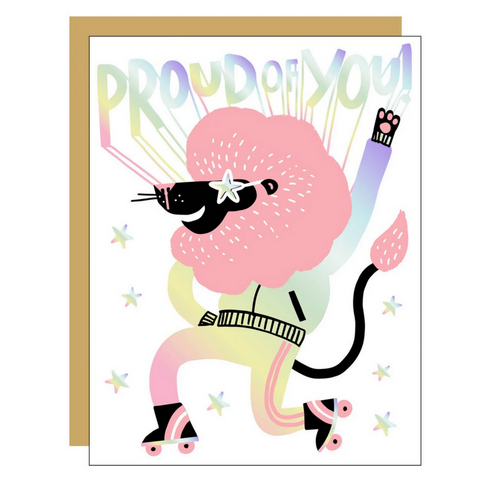 roller skating lion wearing silver track suit and star glasses that reads "Proud of you!"
