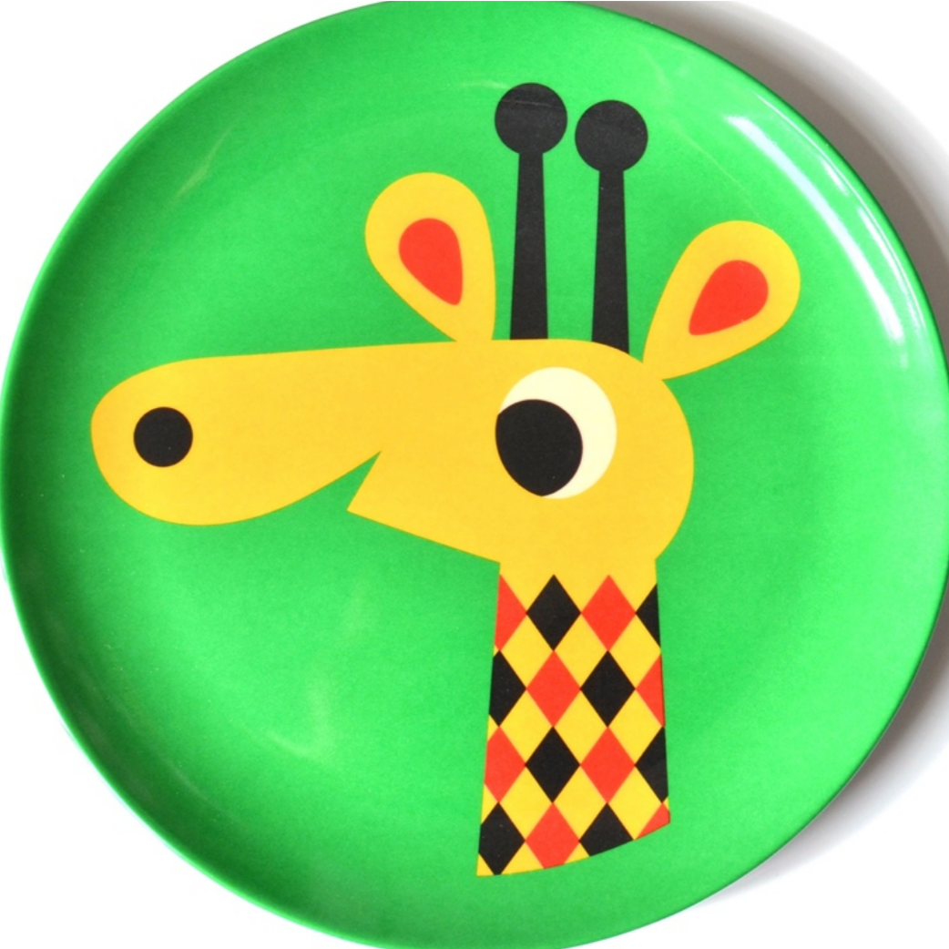 green giraffe plate with yellow giraffe on white background