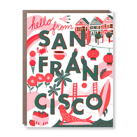 iconic images of san francisco on card that reads "hello from San Francisco"