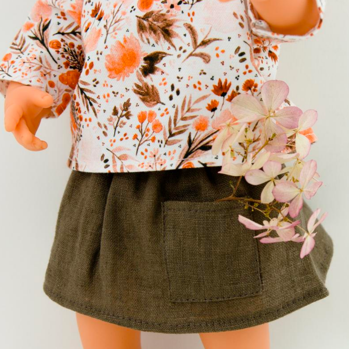 Floral Blouse and Brown Linen Skirt: fits 15" Miniland Doll