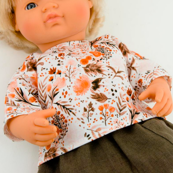 Floral Blouse and Brown Linen Skirt: fits 15" Miniland Doll