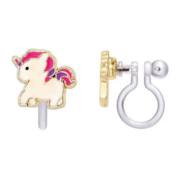 pink, purple and white unicorn clip on earrings