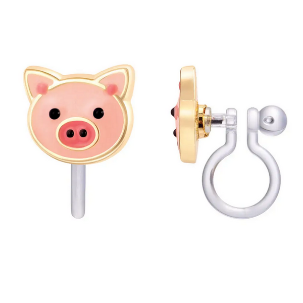 pink pig face clip on earrings
