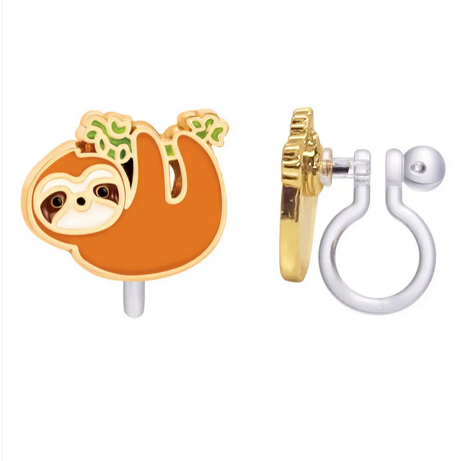 sloth hanging on branch clip on earings
