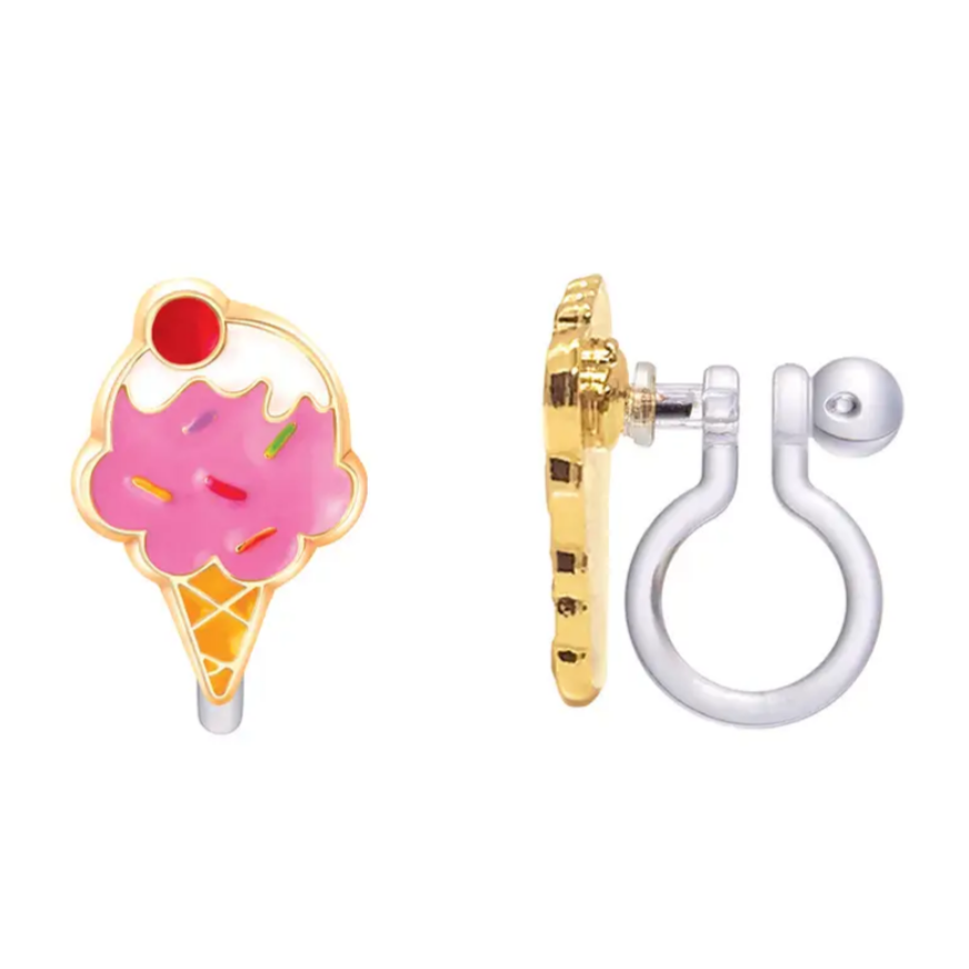 pink ice cream in cone clip on earrings