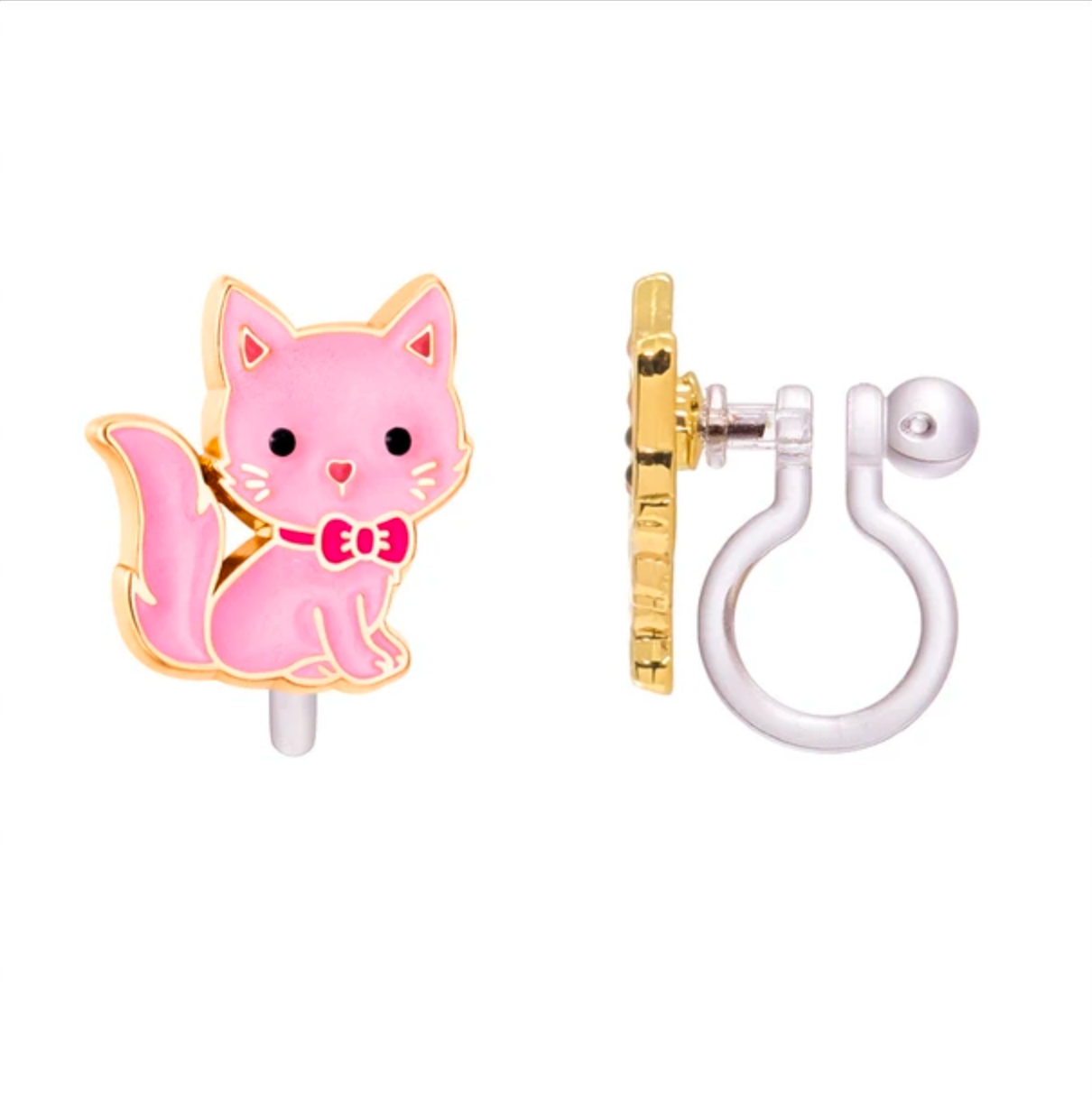 pink cat wearing a red bow clip on earrings