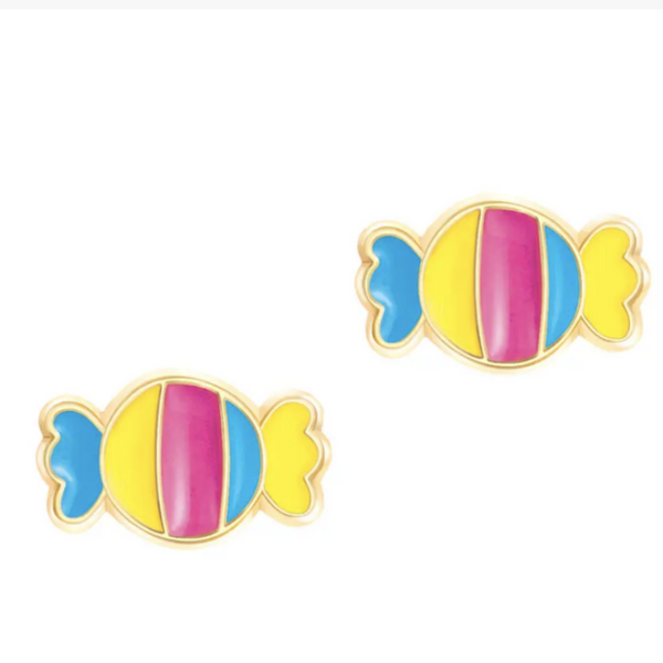 little blue, yellow and pink striped bon-bon earrings.