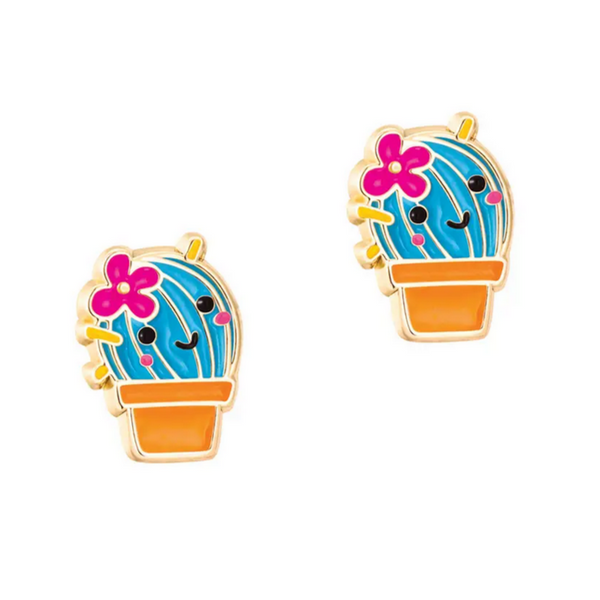 potted cactus earrings with a face and pink flower