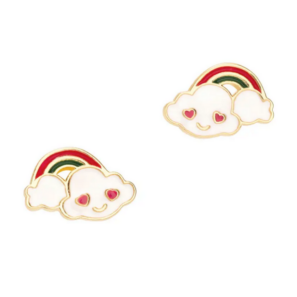 rainbow earrinds with clouds that have a little face on them