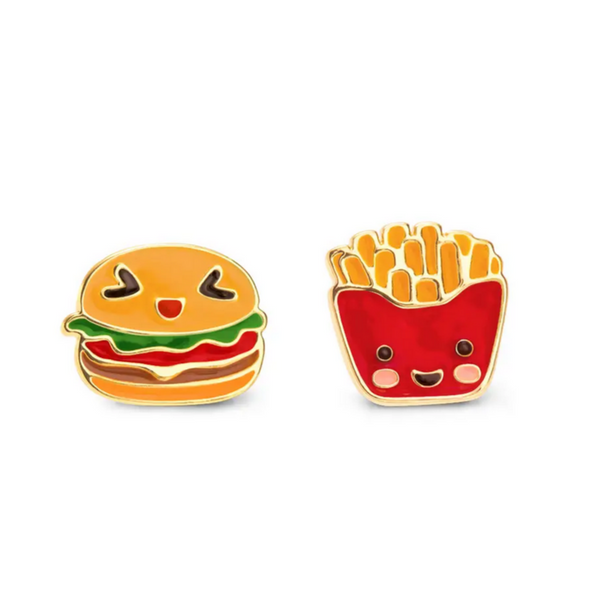 a burger earring and a french fry earring