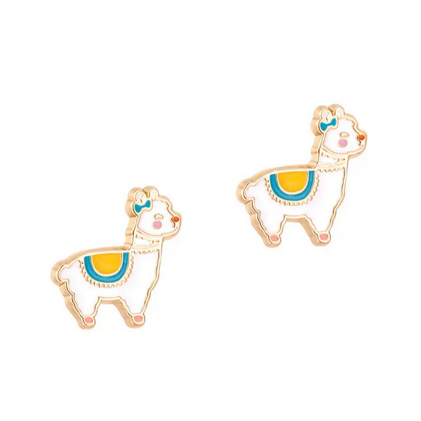 white llama earrings weraing a yellow and blue blanket with a little blue bow beneath ear.