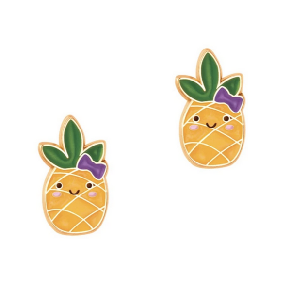 pinapple earrings with little faces and purple bows