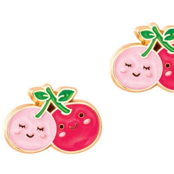red and pink cherry earrings with little faces