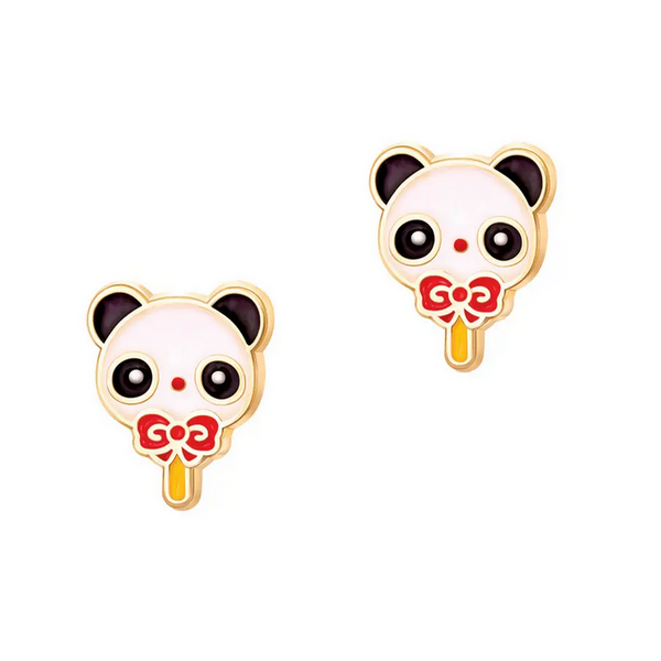 black and wite panda lollipop earrings wearing a red bow