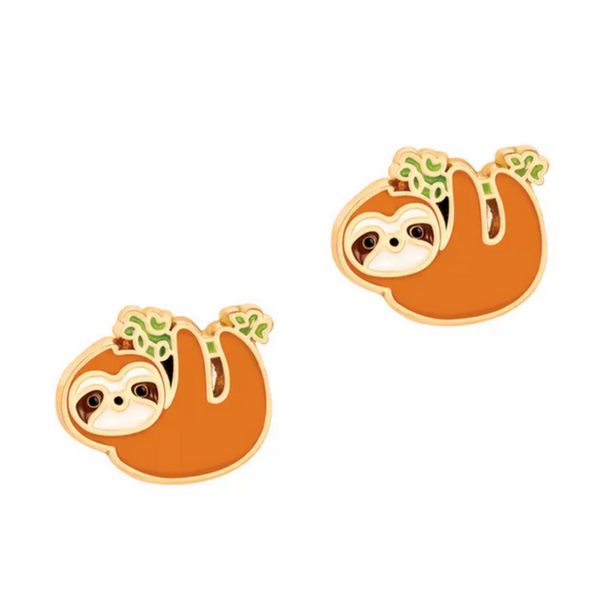 brown sloth earrings hanging from a branch