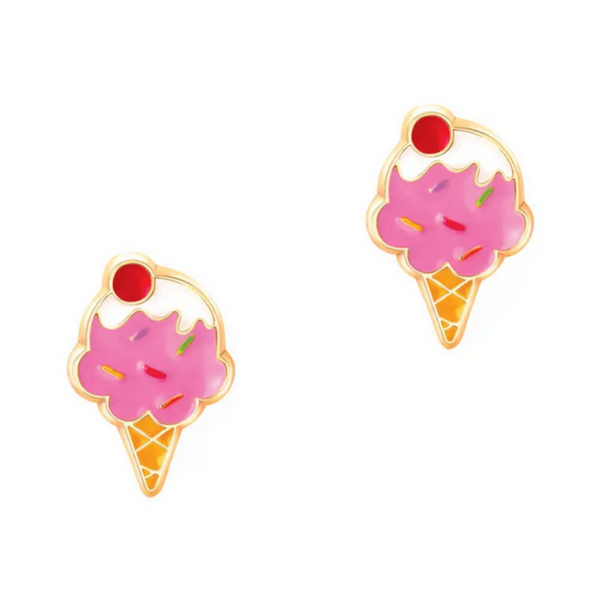 pink ice cream cone earrings with sprinkles and a cherry on top