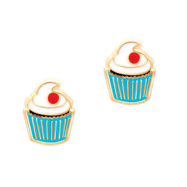 white cupcake earrings with cherries in a blue wrapper
