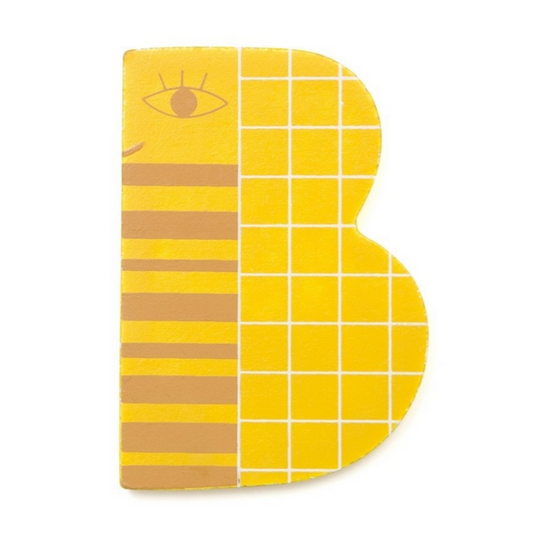 here is the letter B. It is yellow and looks like a bee.