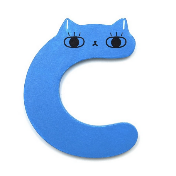 Here is the letter C. It is wooden and blue and looks like a cat.