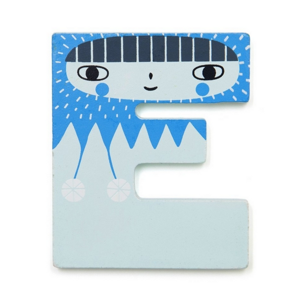 Here is the letter E. It is wood and blue and looks like an eskimo.