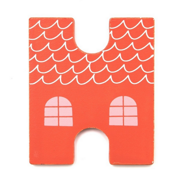 Here is the letter H. It is made of thin wood and red and shaped like a house. By Suzy Ultman.