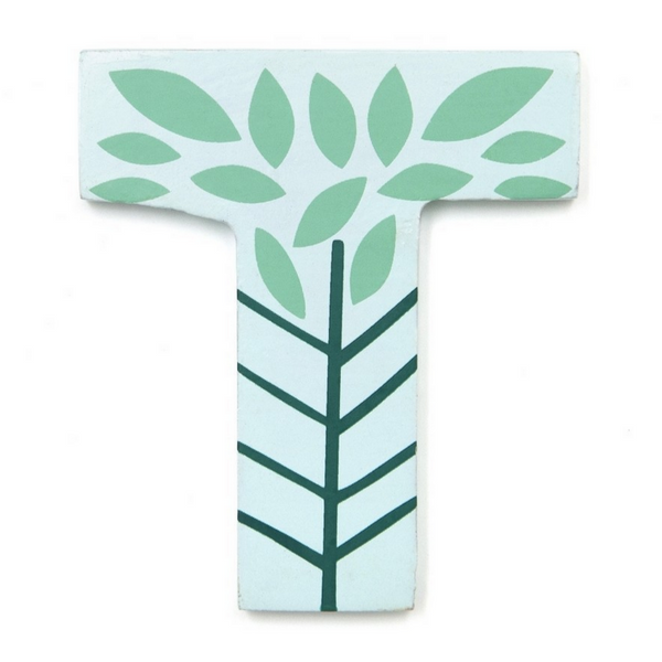 It is the letter T. It is a thin piece of wood, light blue and looks like a tree. By Suzy Ultman