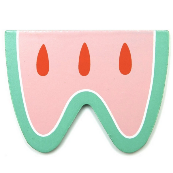 It is the letter W. It is a thin piece of wood, pink and looks like a watermelon. By Suzy Ultman