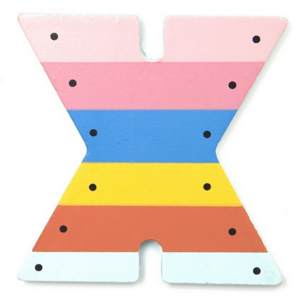 It is the letter X. It is a thin piece of wood, pink blue yellow red and teal and looks like a xylophone. By Suzy Ultman